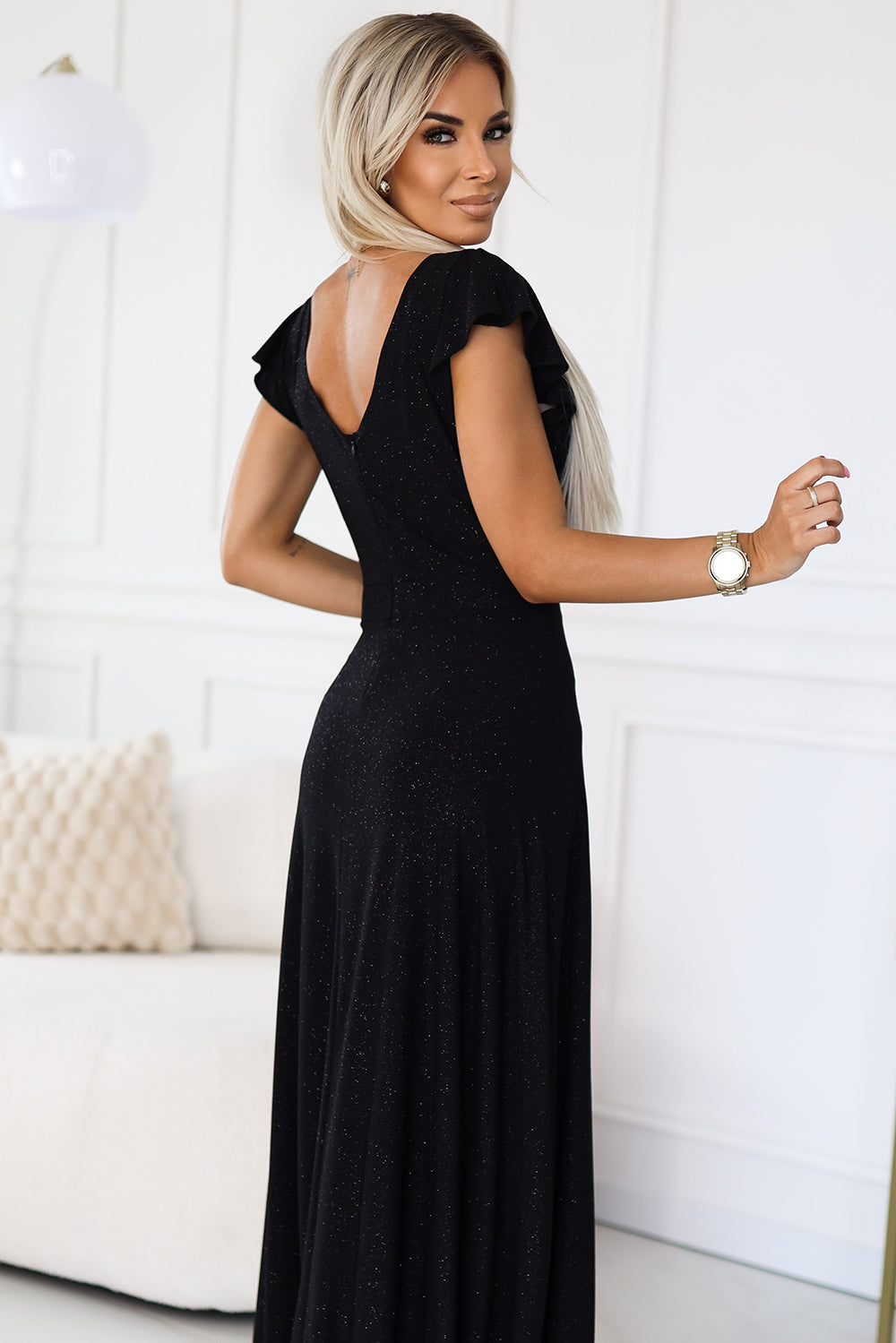 Numoco 411-12 CRYSTAL long shimmering dress with a neckline - black