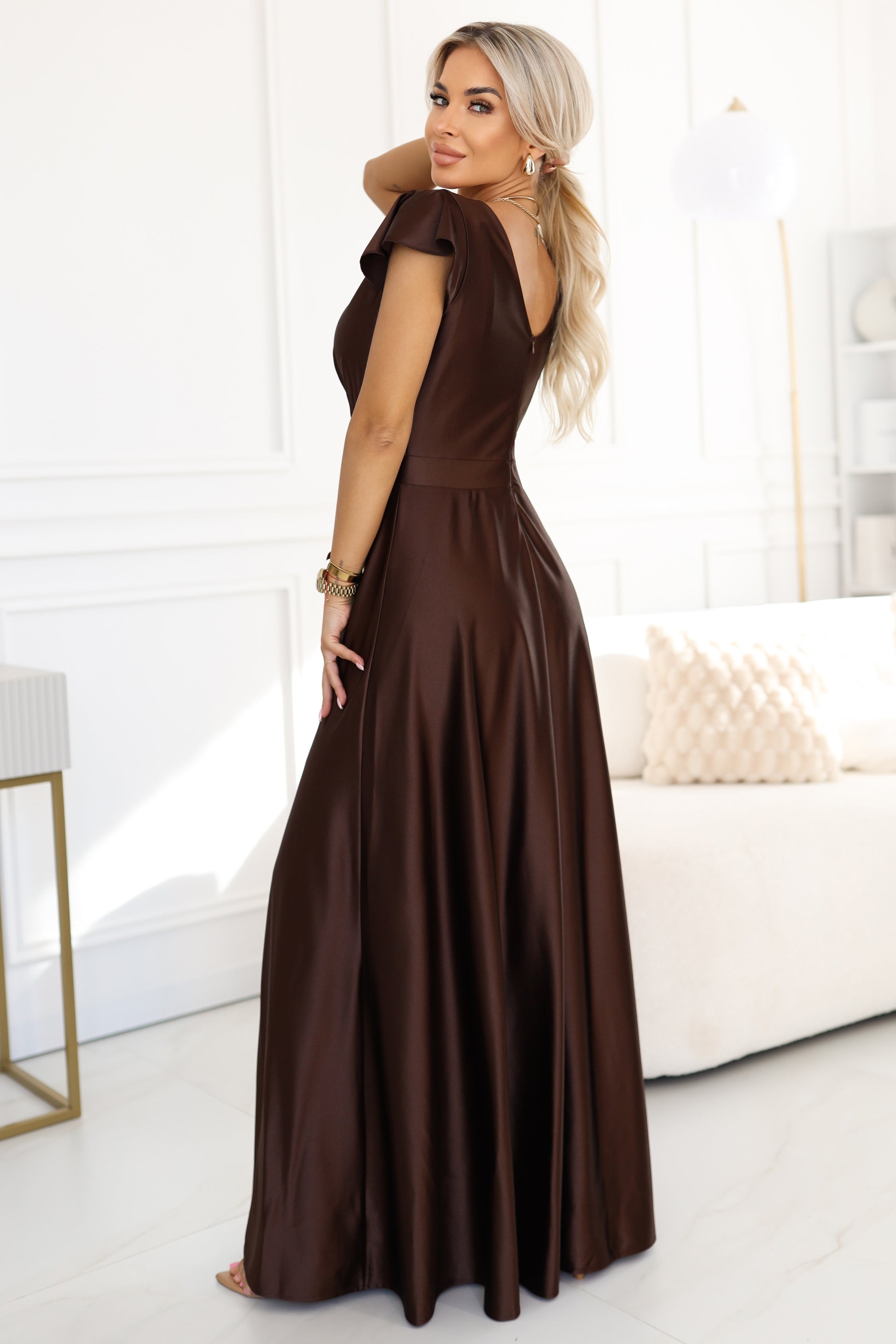 Numoco 411-15 CRYSTAL satin long dress with a neckline - chocolate-3