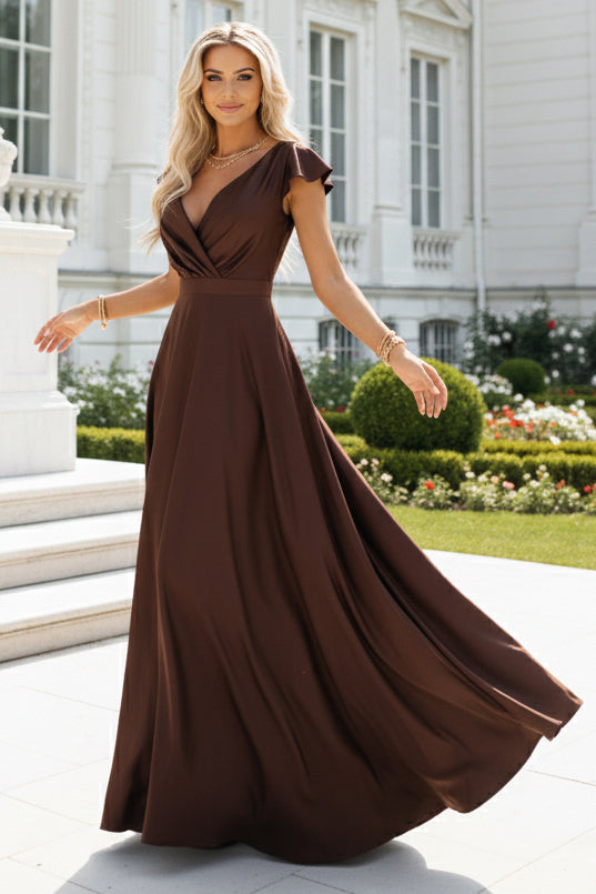 Numoco 411-15 CRYSTAL satin long dress with a neckline - chocolate-1