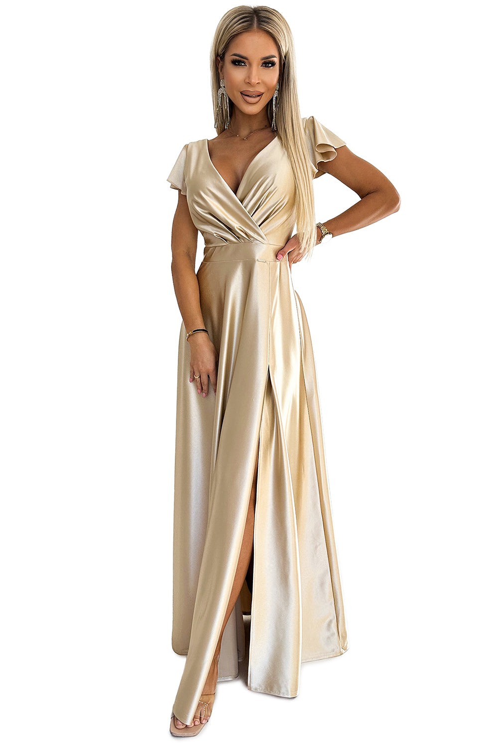 Numoco 411-7 CRYSTAL satin long dress with a neckline - gold-6
