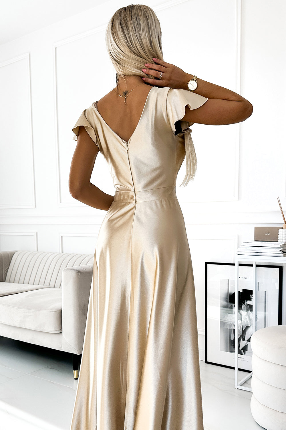 Numoco 411-7 CRYSTAL satin long dress with a neckline - gold-3