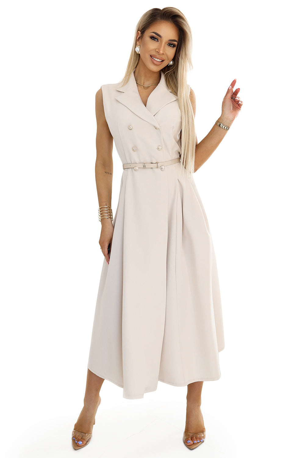 Numoco Basic 596-1 Elegant midi shirt dress with gold buttons and belt - beige