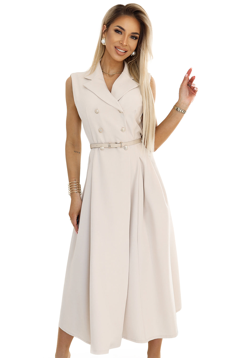 Numoco Basic 596-1 Elegant midi shirt dress with gold buttons and belt - beige