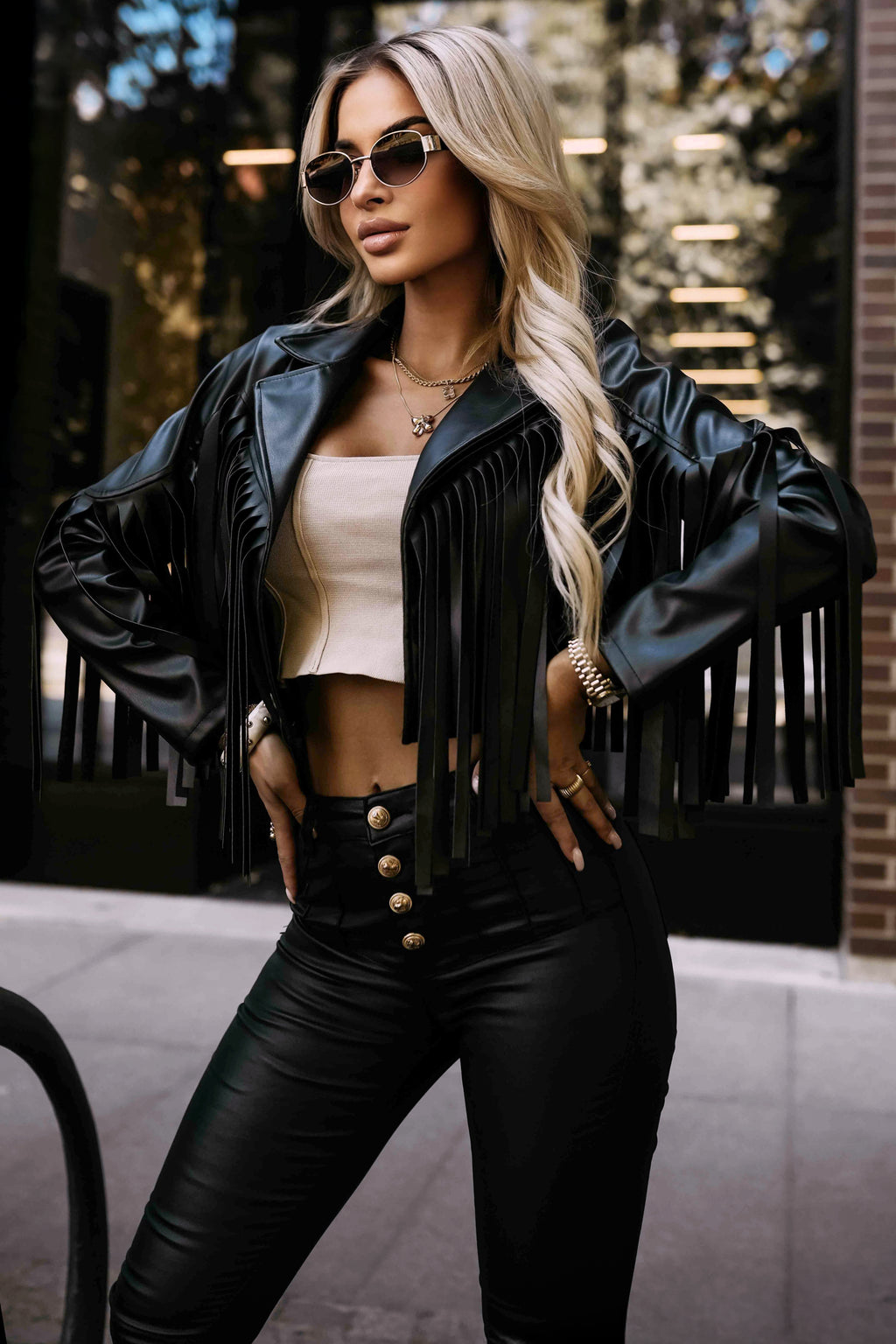 Numoco Basic 624-3 Short biker jacket with fringes made of soft eco leather - black