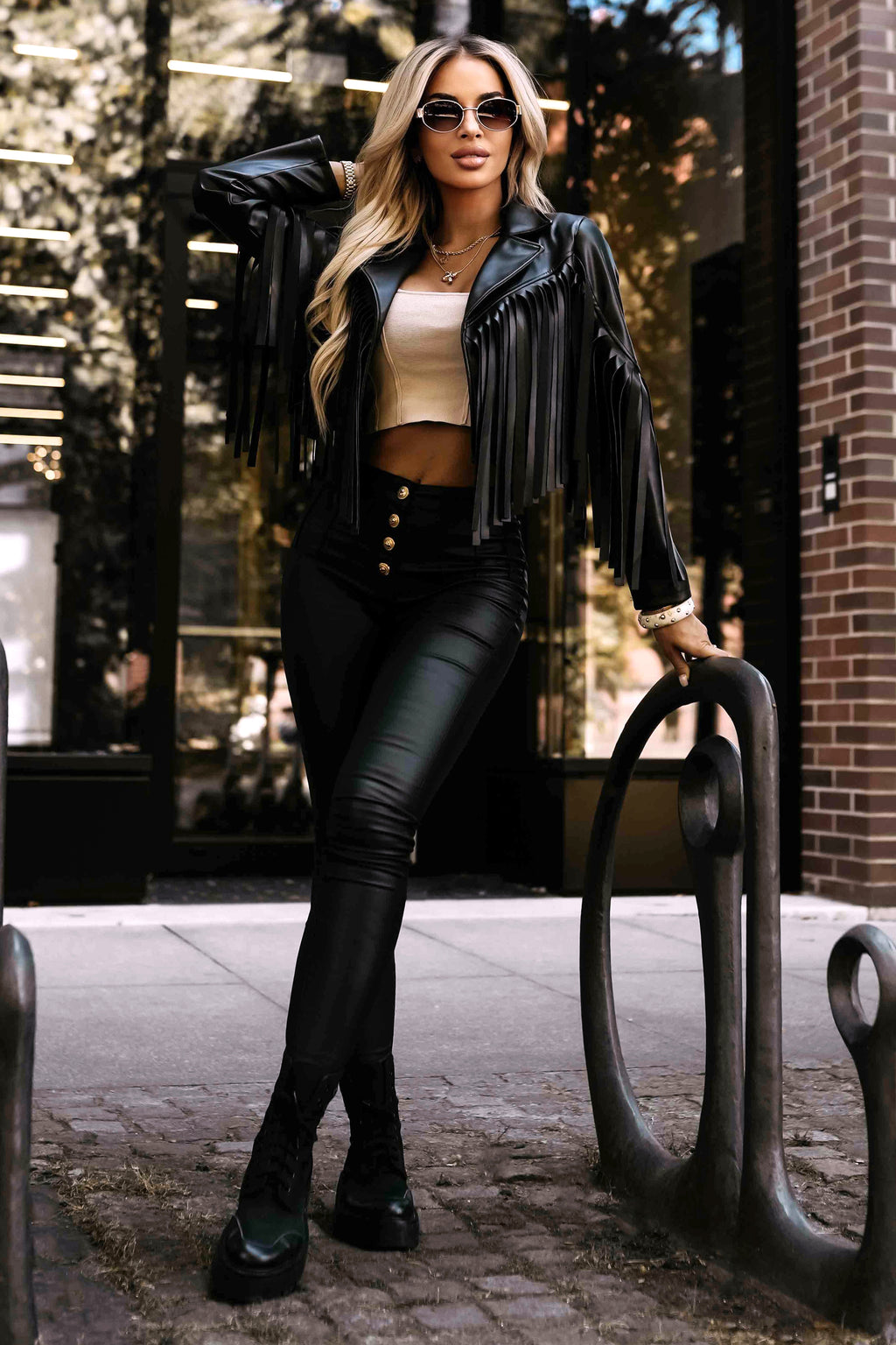Numoco Basic 624-3 Short biker jacket with fringes made of soft eco leather - black