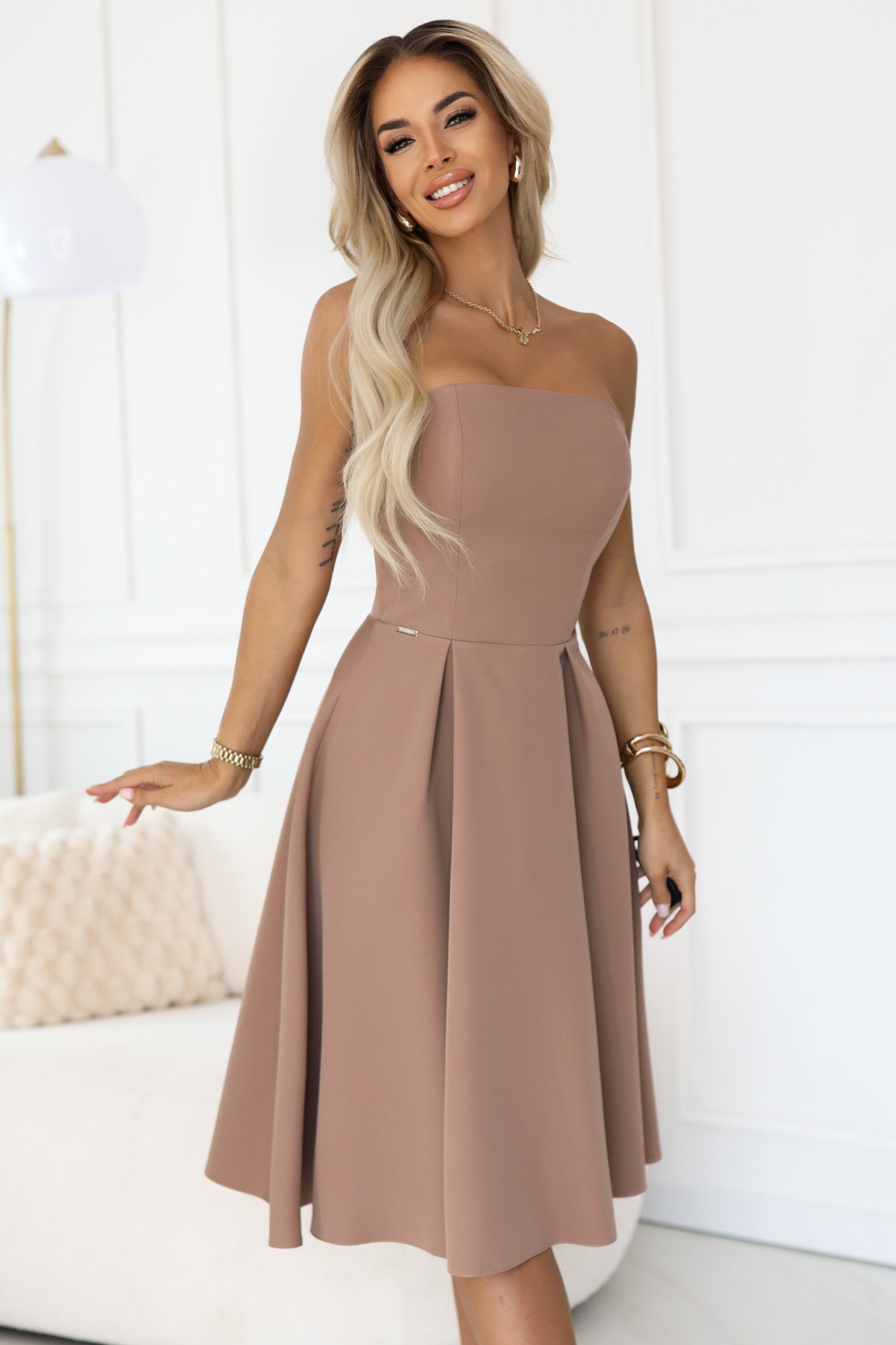 Numoco 641-2 VIVIENNE corset flared midi dress for special occasions - beige-0