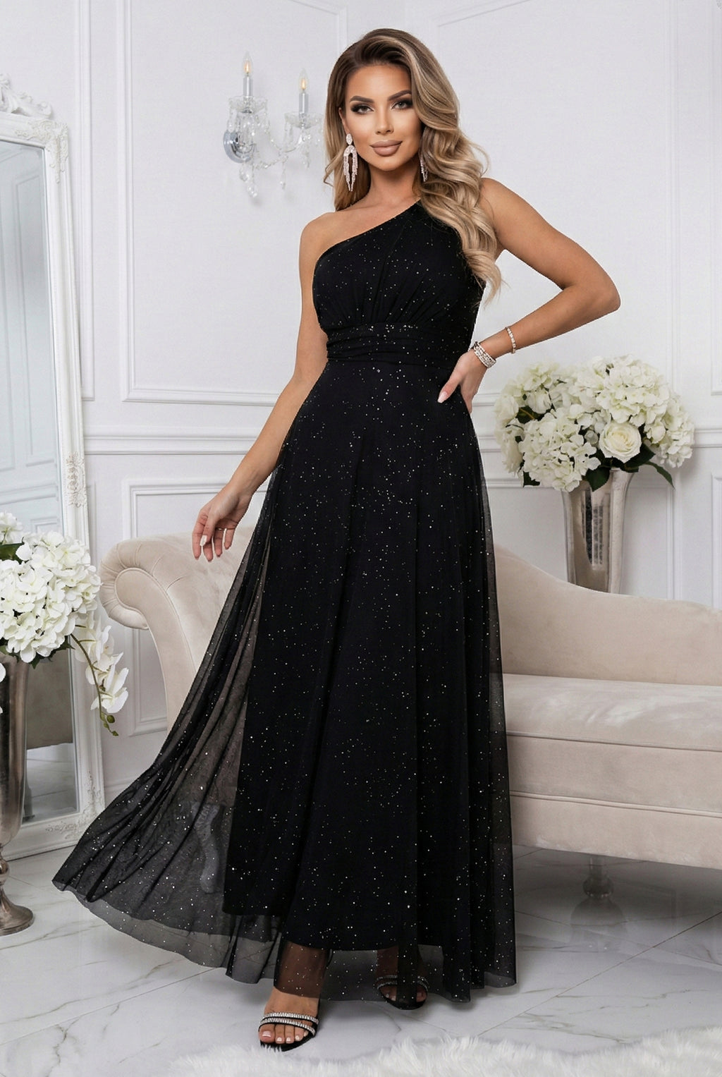 Numoco Basic 656-3 Long, shiny, one-shoulder evening dress - classic black-6