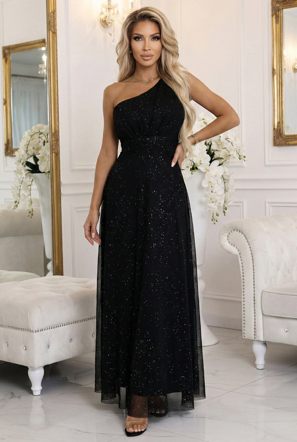 Numoco Basic 656-3 Long, shiny, one-shoulder evening dress - classic black-0