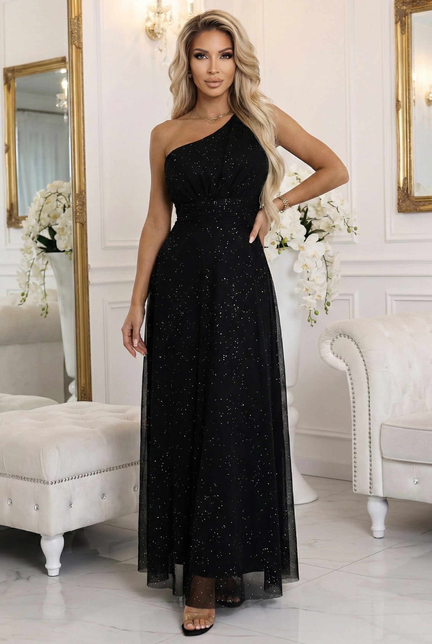 Numoco Basic 656-3 Long, shiny, one-shoulder evening dress - classic black-0
