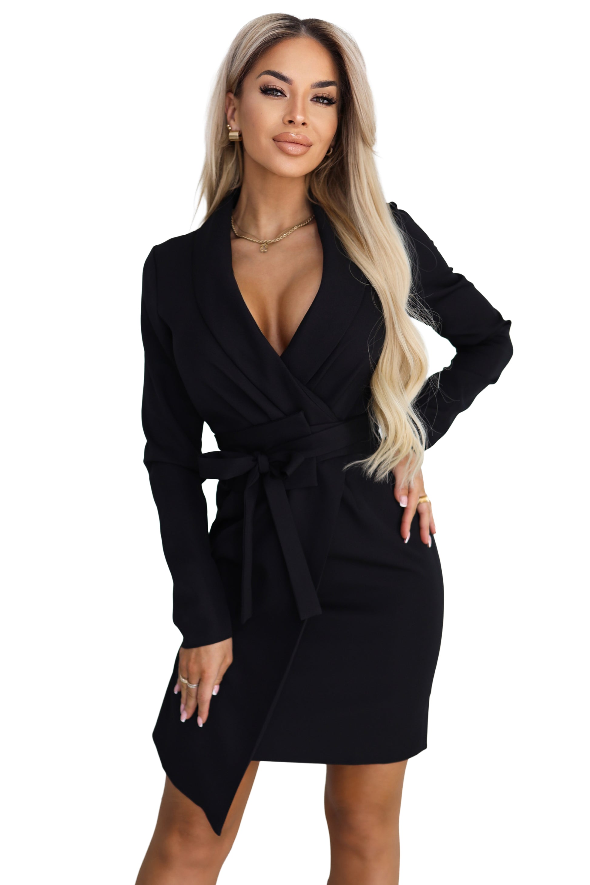 Numoco 670-1 Elegant Blazer Dress with Belt and Asymmetric Hem - Black-8