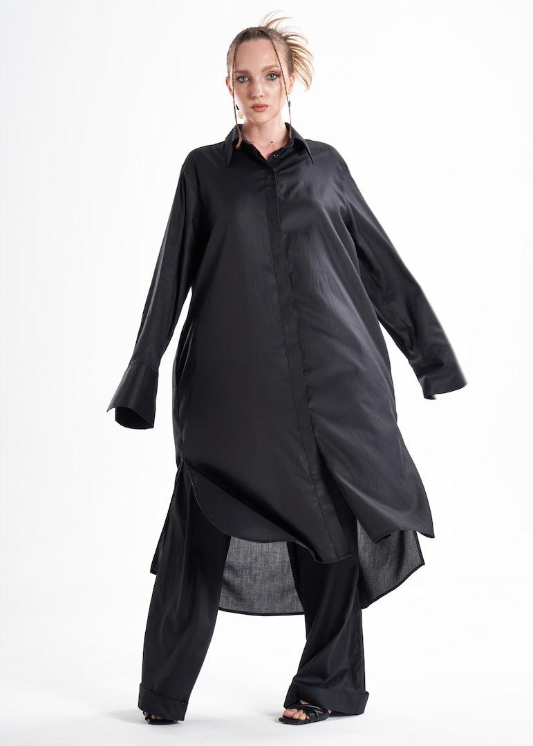 Lightweight And Breathable Deep Black Set With Maxi Button Down And Palazzo Pants-0
