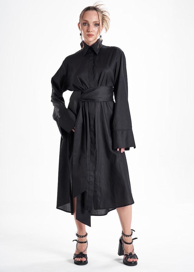 Lightweight And Breathable Deep Black Set With Maxi Button Down And Palazzo Pants-2