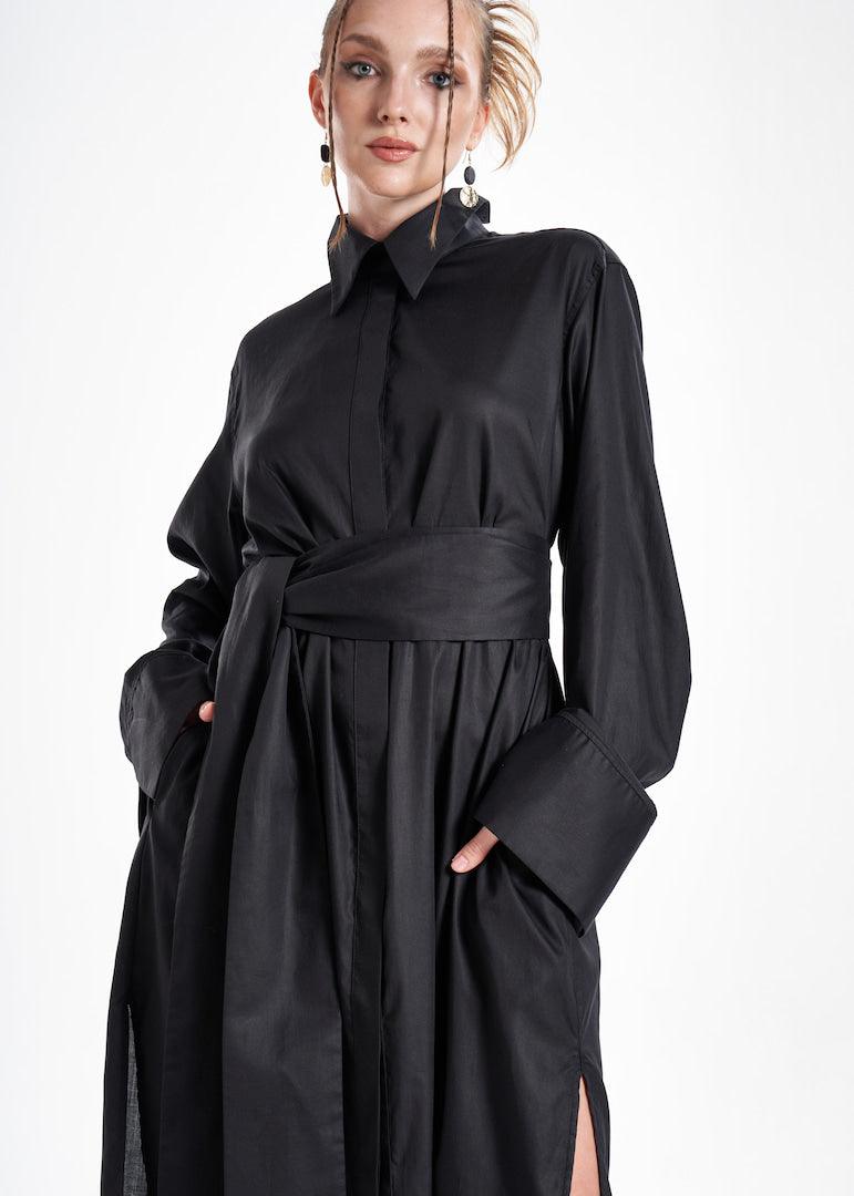 Lightweight And Breathable Deep Black Set With Maxi Button Down And Palazzo Pants-1