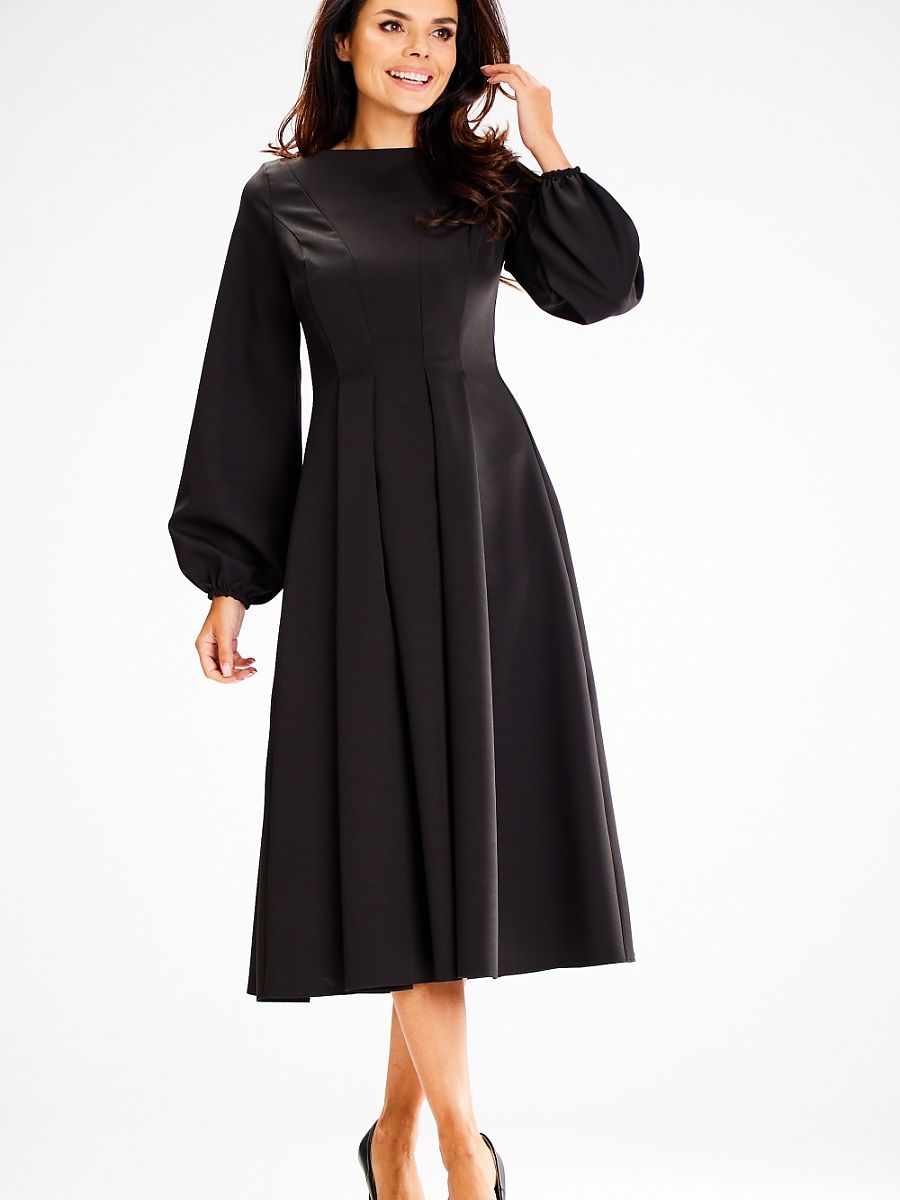Midi blouson kjole med bådhals og lange ærmer model 187178 — Awama