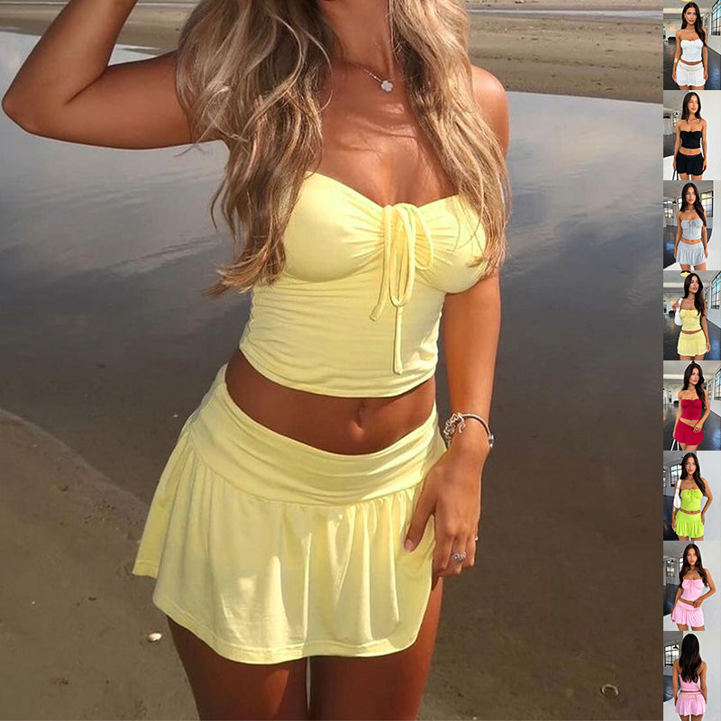 Women's Suits Summer Sleeveless Tube Top And Pleating Skirt Y2K Hot Girl Mid-length Dress Set-0